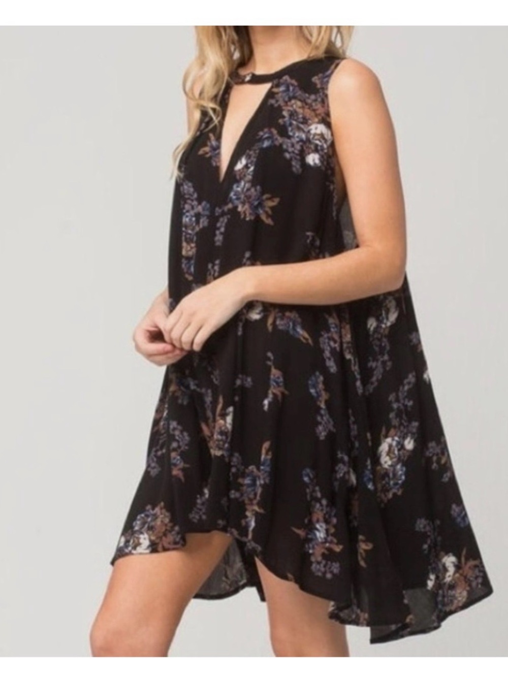Free People Black Floral High-Low Swing Dress